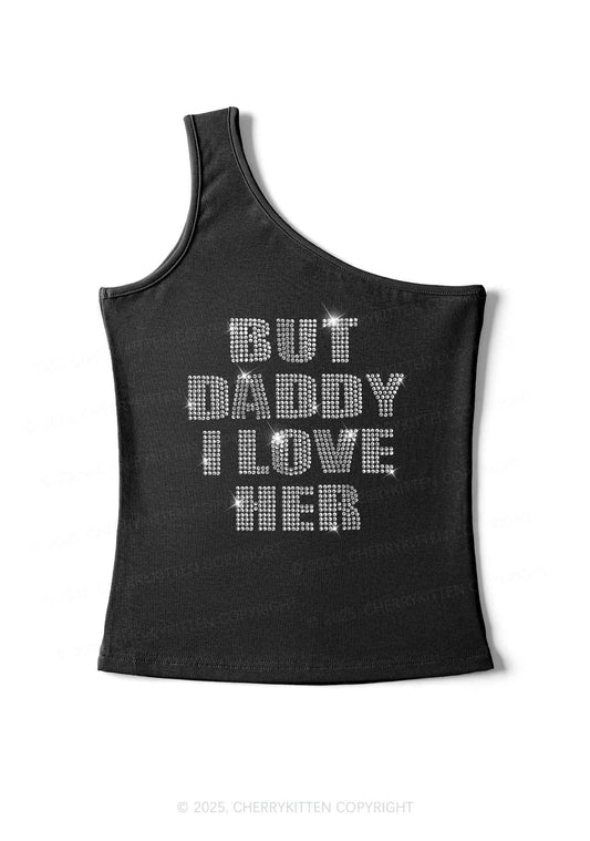 Rhinestone But Daddy I Love Her Pride Y2K One Shoulder Tank Top Cherrykitten
