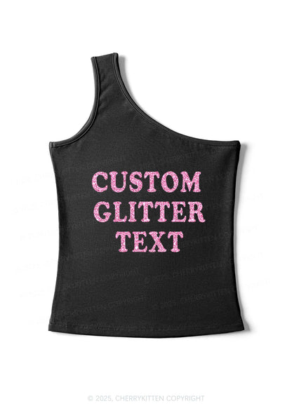 Custom Text Glitter Y2K One Shoulder Tank Top Cherrykitten