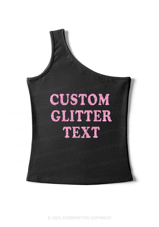 Custom Text Glitter Y2K One Shoulder Tank Top Cherrykitten