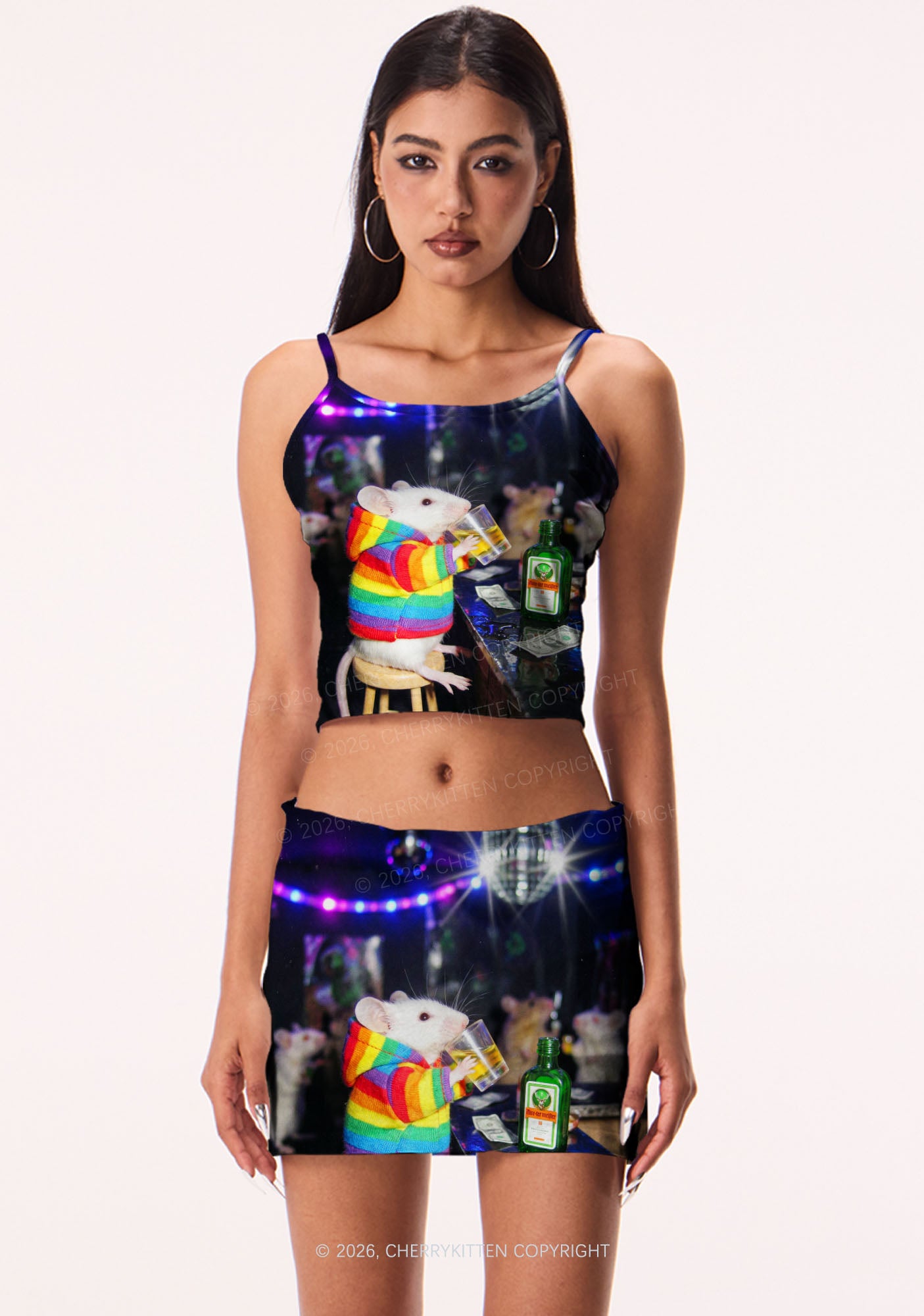Rainbow Hoodie Rat Drinking Pride Y2K Print Mini Skirt Cherrykitten