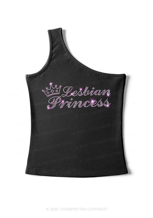 Rhinestone Lesbian Princess Pride Y2K One Shoulder Tank Top Cherrykitten