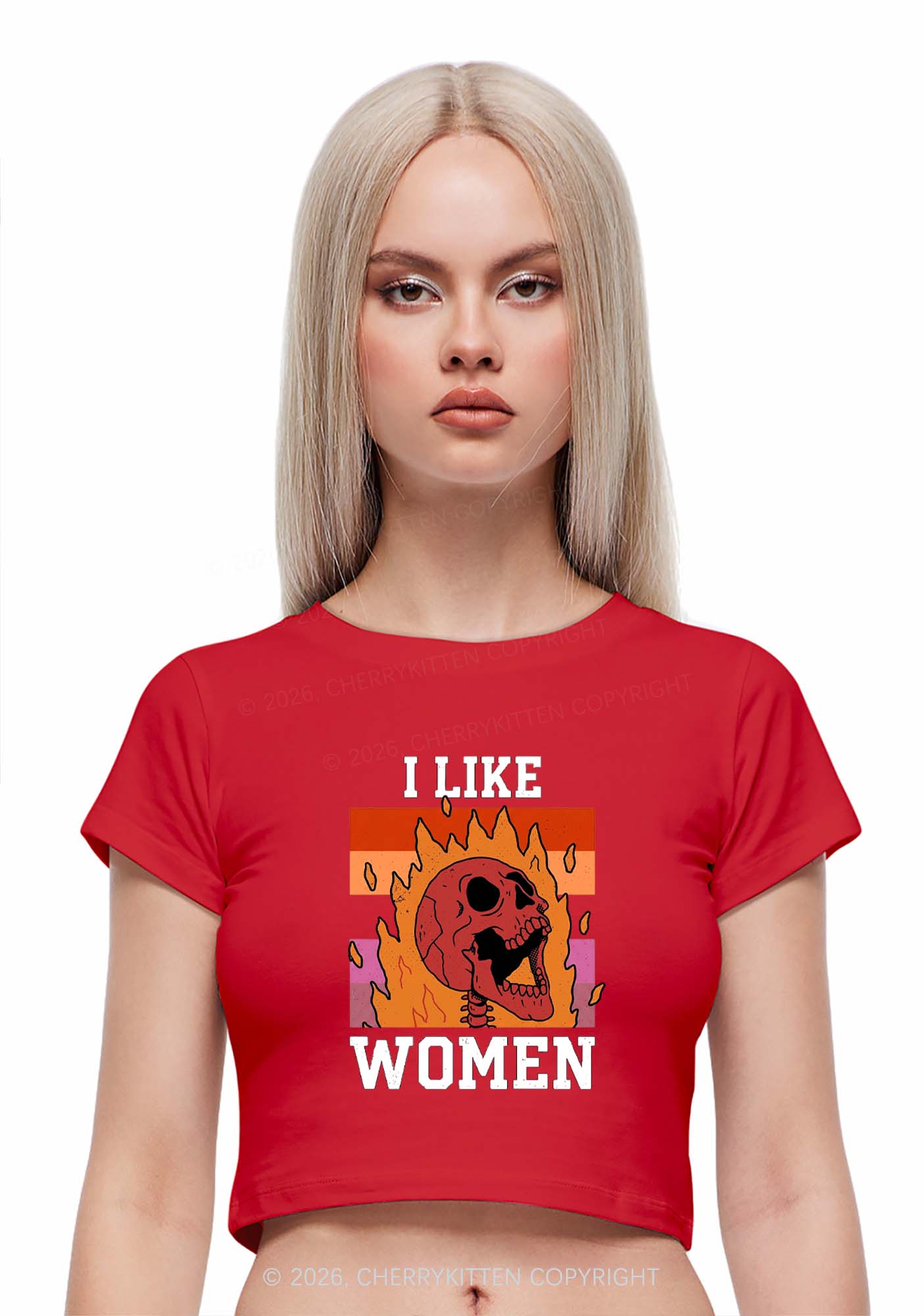 I Like Women Skull Pride Y2K Baby Tee Cherrykitten