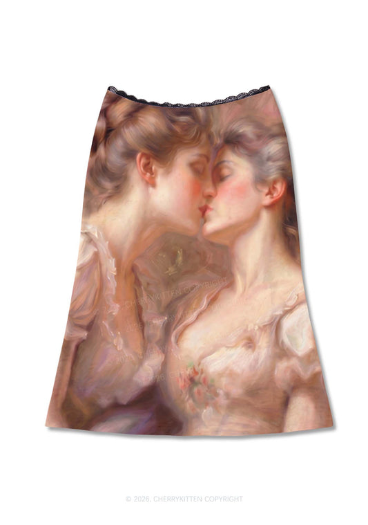 Pastel Dreamy Kissing Couple Pride Y2K Print Midi Skirt Cherrykitten