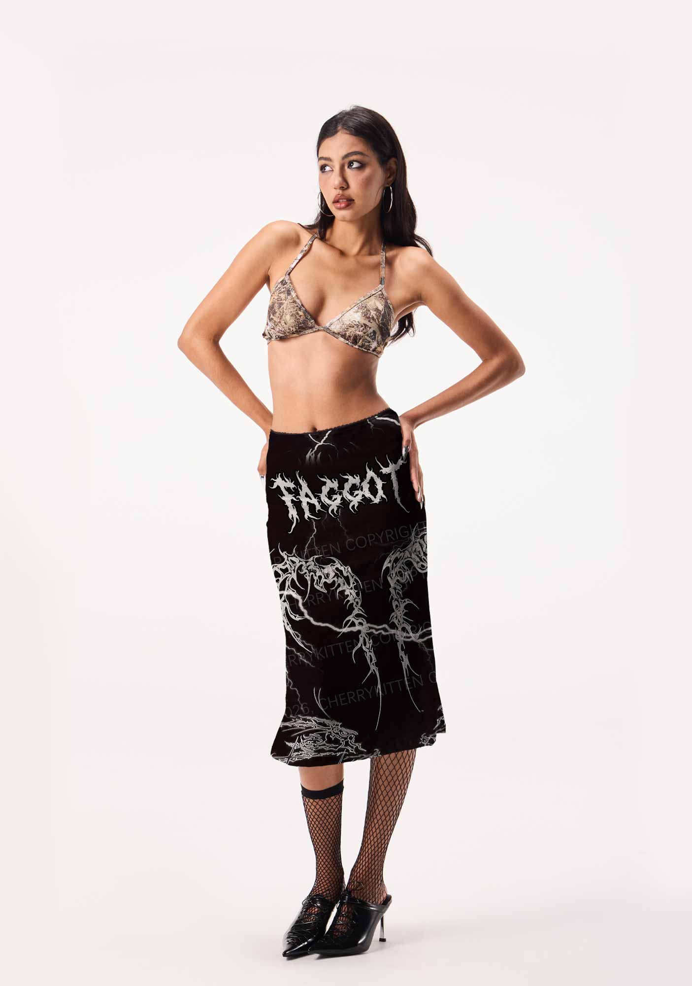 Black Gothic Faggot Pride Y2K Print Midi Skirt Cherrykitten