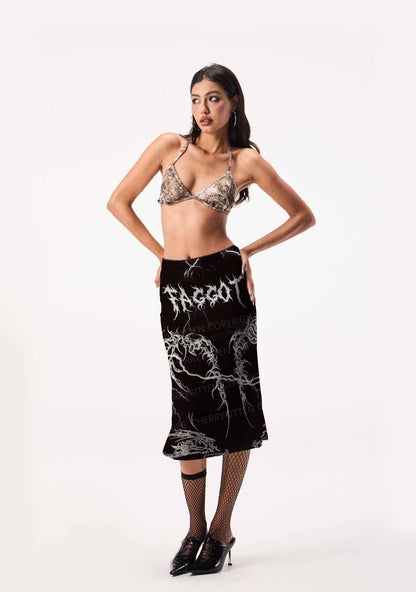 Black Gothic Faggot Pride Y2K Print Midi Skirt Cherrykitten