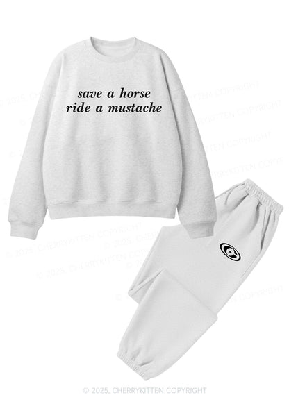 Ride A Mustache Y2K Fleece Sweatshirts Set Cherrykitten