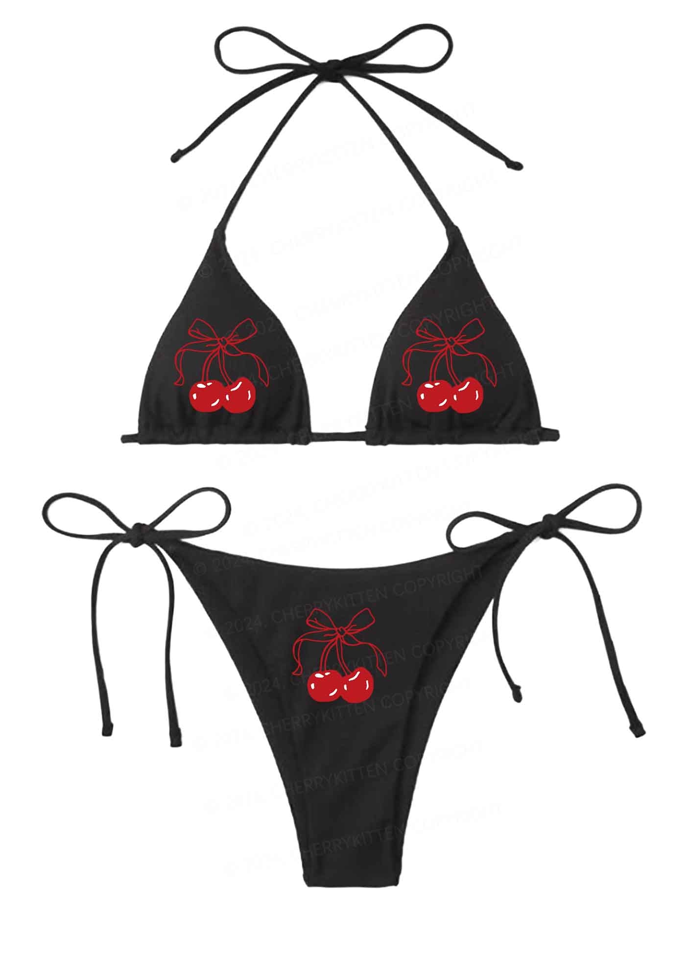 Bow Cherry Y2K Halter Triangle Bikini Set Cherrykitten