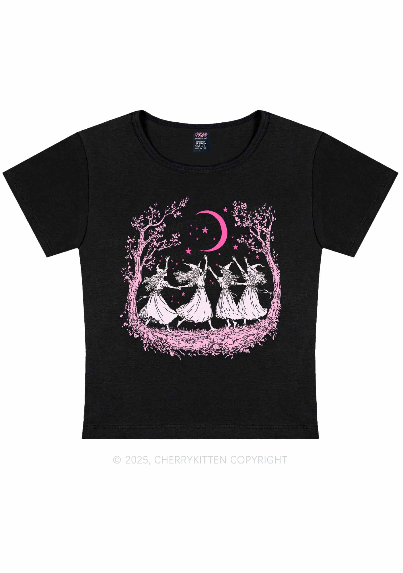 Halloween Witches Dancing Under Moon Y2K Baby Tee Cherrykitten
