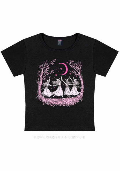 Halloween Witches Dancing Under Moon Y2K Baby Tee Cherrykitten