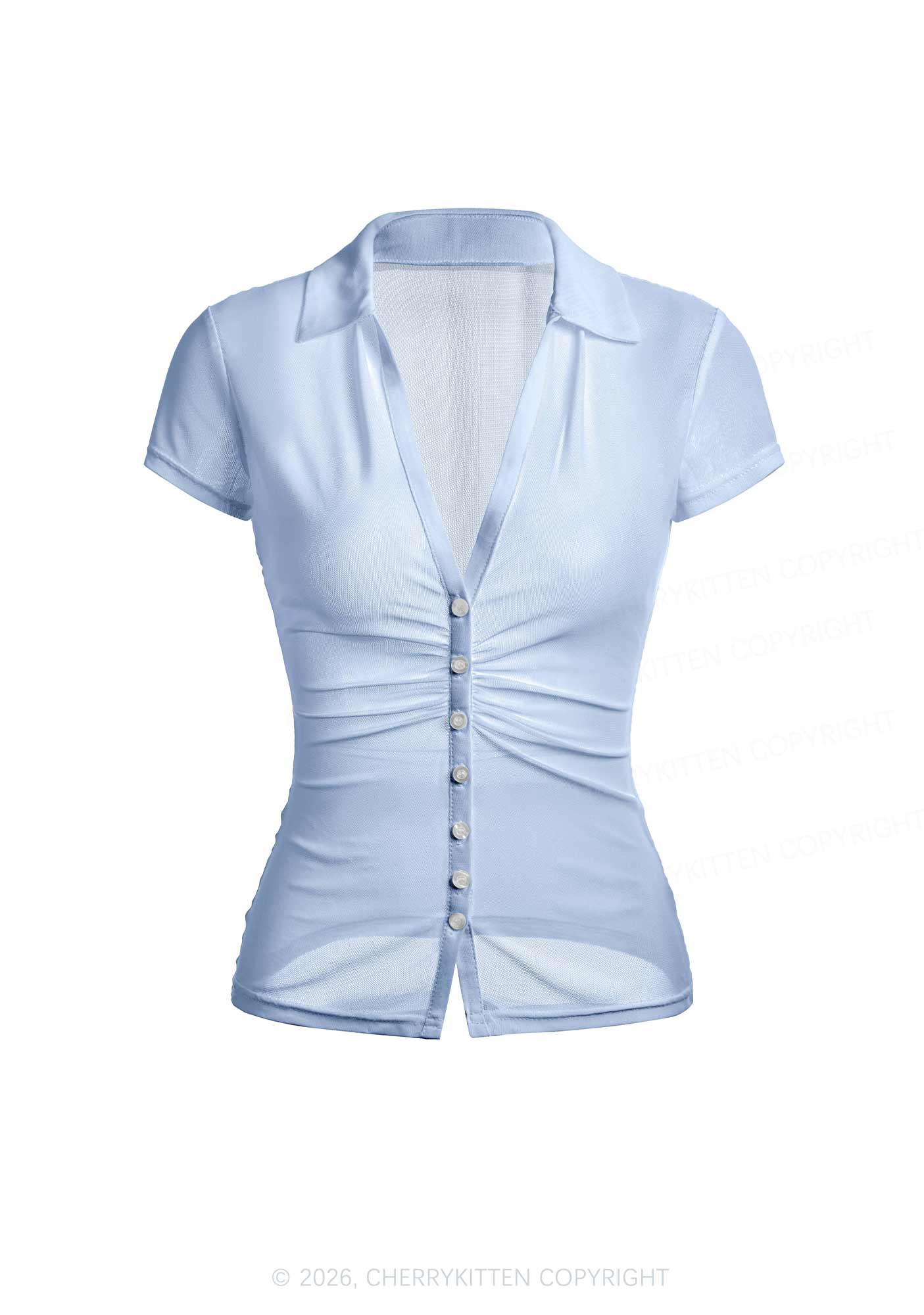 Blue Plain Y2K Mesh Ruched Waist V Neck Top Cherrykitten