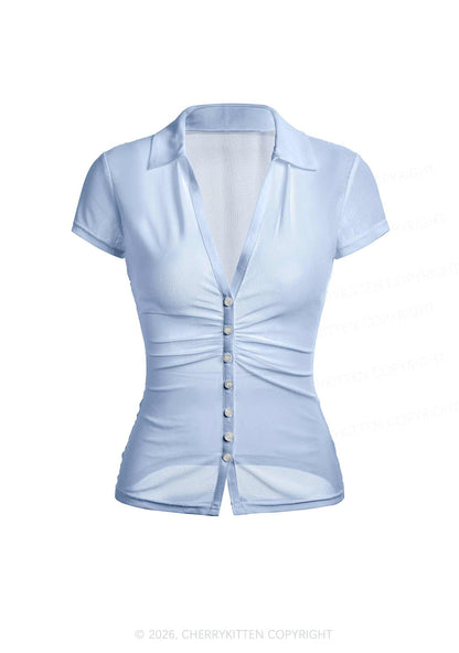 Blue Plain Y2K Mesh Ruched Waist V Neck Top Cherrykitten
