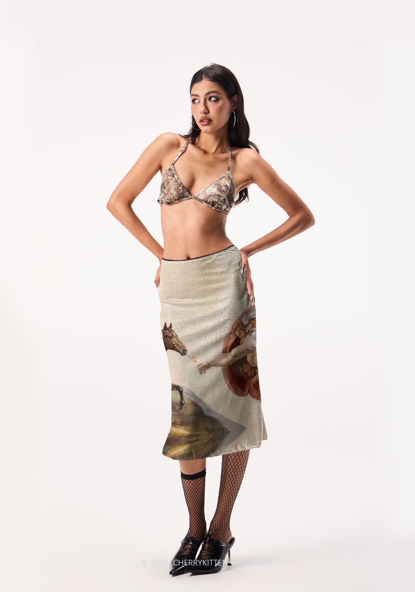 God Smoking Horse Y2K Print Midi Skirt Cherrykitten