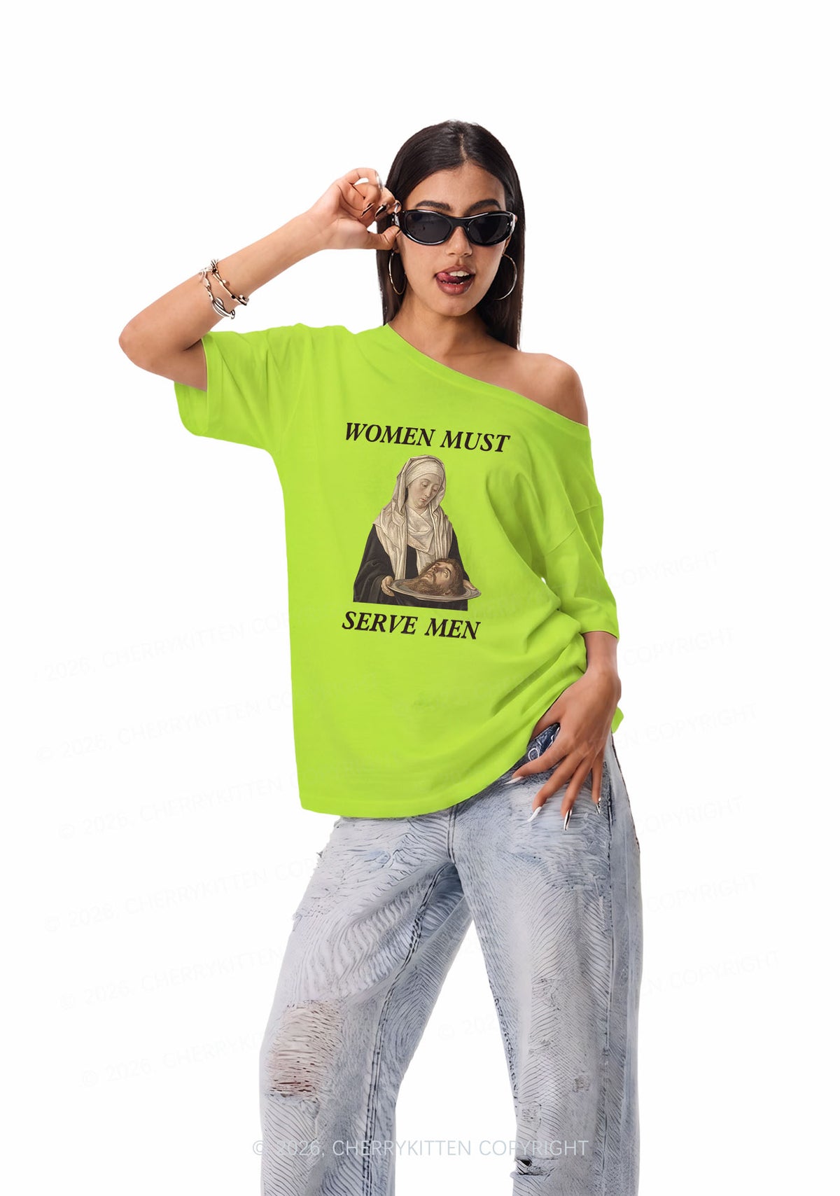 Women Must Serve Men Y2K Off Shoulder Tee Cherrykitten