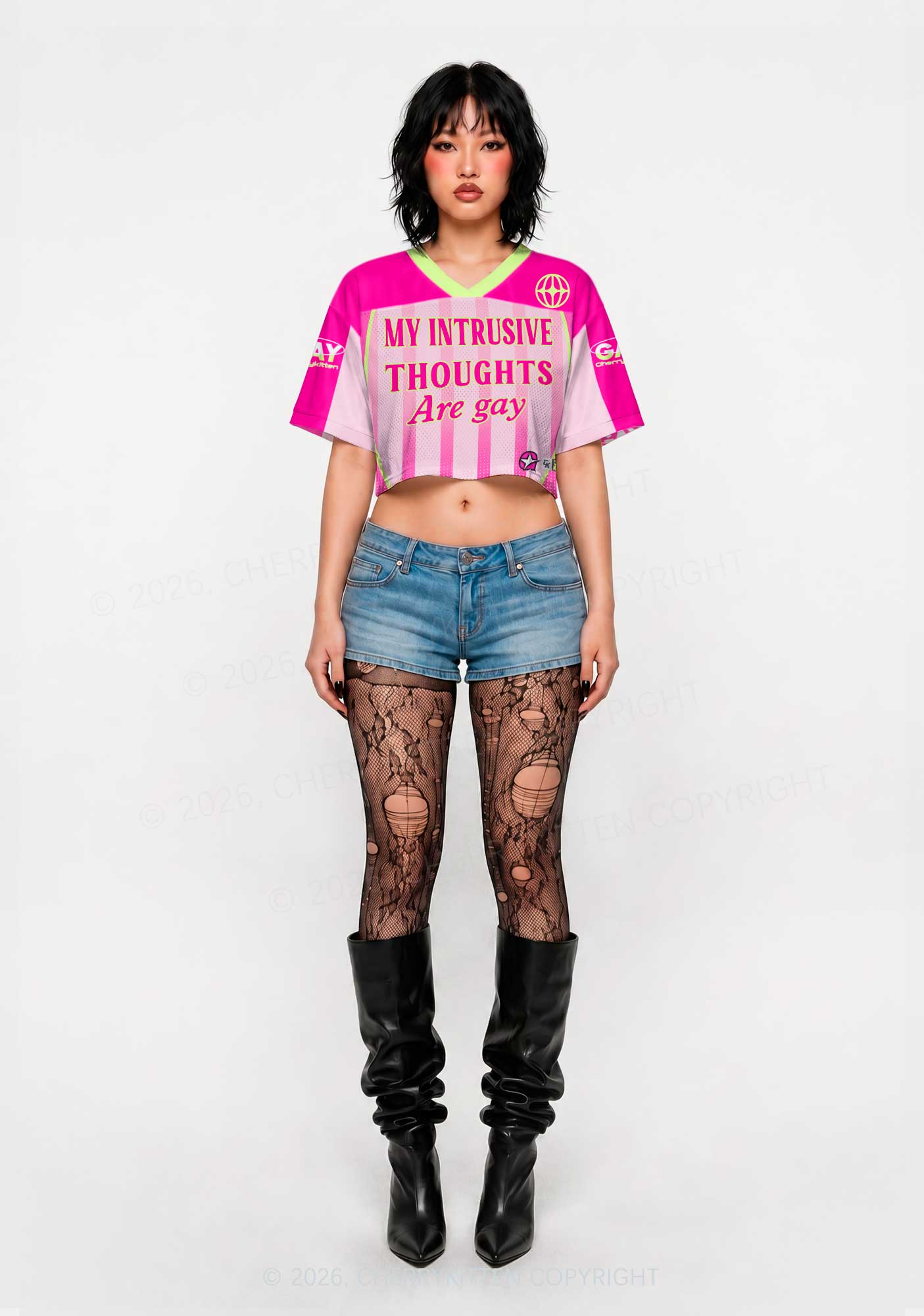 My Intrusive Thoughts Are Gay Pride Y2K Crop Sport Jersey Shirts Cherrykitten