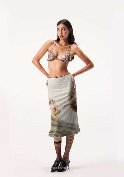 Gym Cat God Touch Y2K Print Midi Skirt Cherrykitten