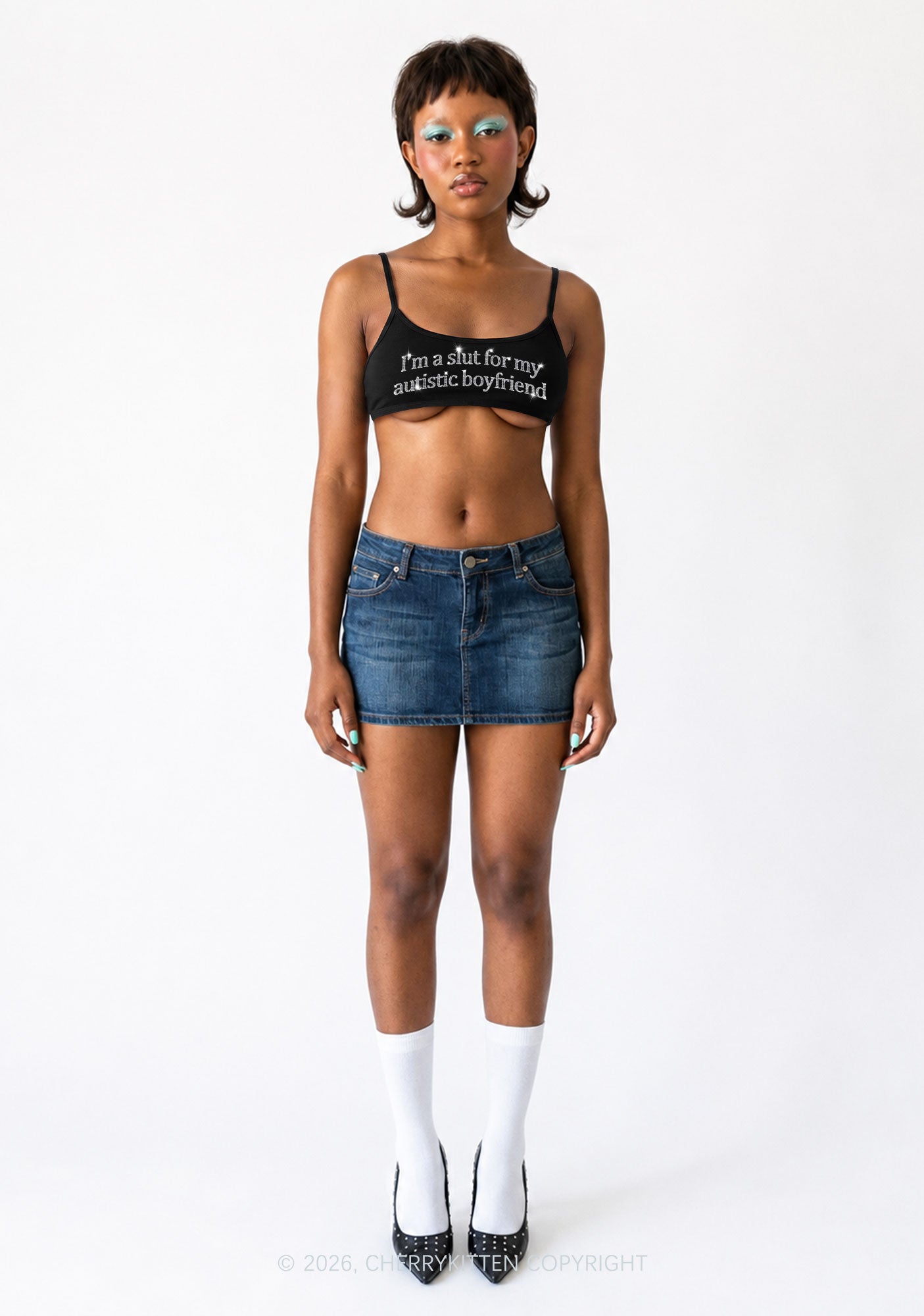 Rhinestone Slxt For My Autistic BF Y2K Super Crop Cami Cherrykitten