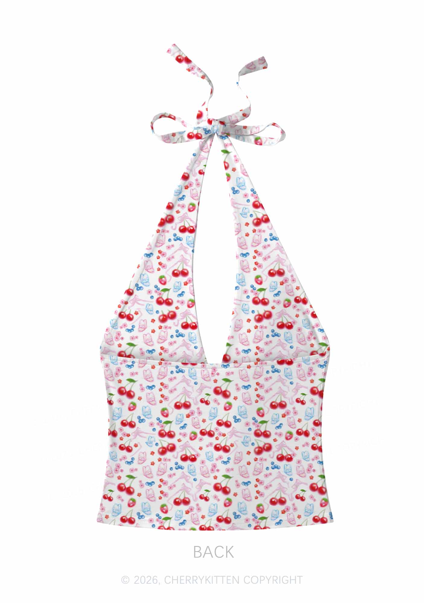 White Cherry Pie Y2K Print Halter Deep V Neck Cami Cherrykitten
