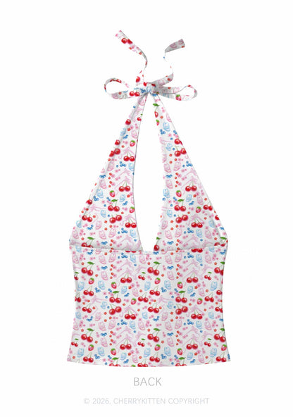 White Cherry Pie Y2K Print Halter Deep V Neck Cami Cherrykitten
