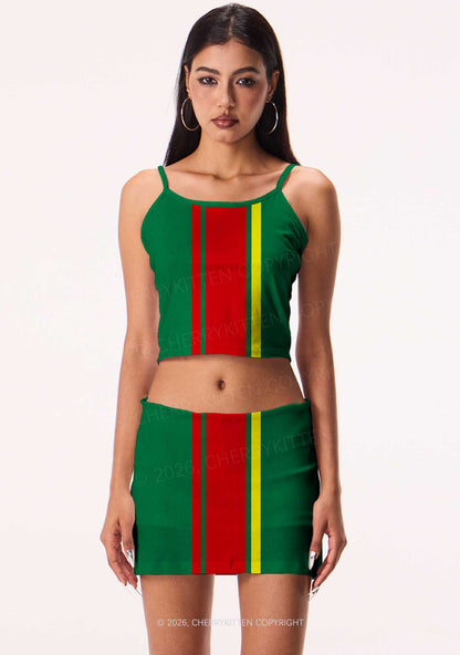Dark Green Red Yellow Vertical Stripe Y2K Print Mini Skirt Cherrykitten