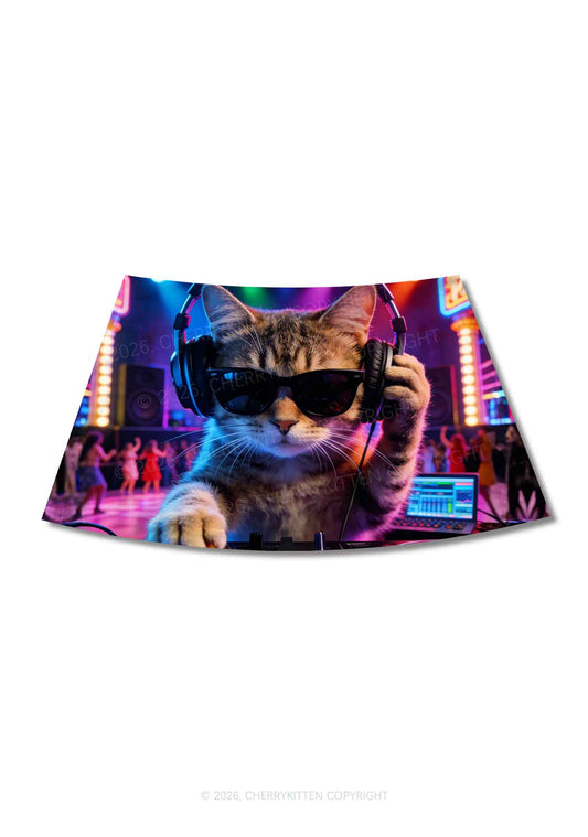 DJ Cat Rave Y2K Print Mini Skirt Cherrykitten