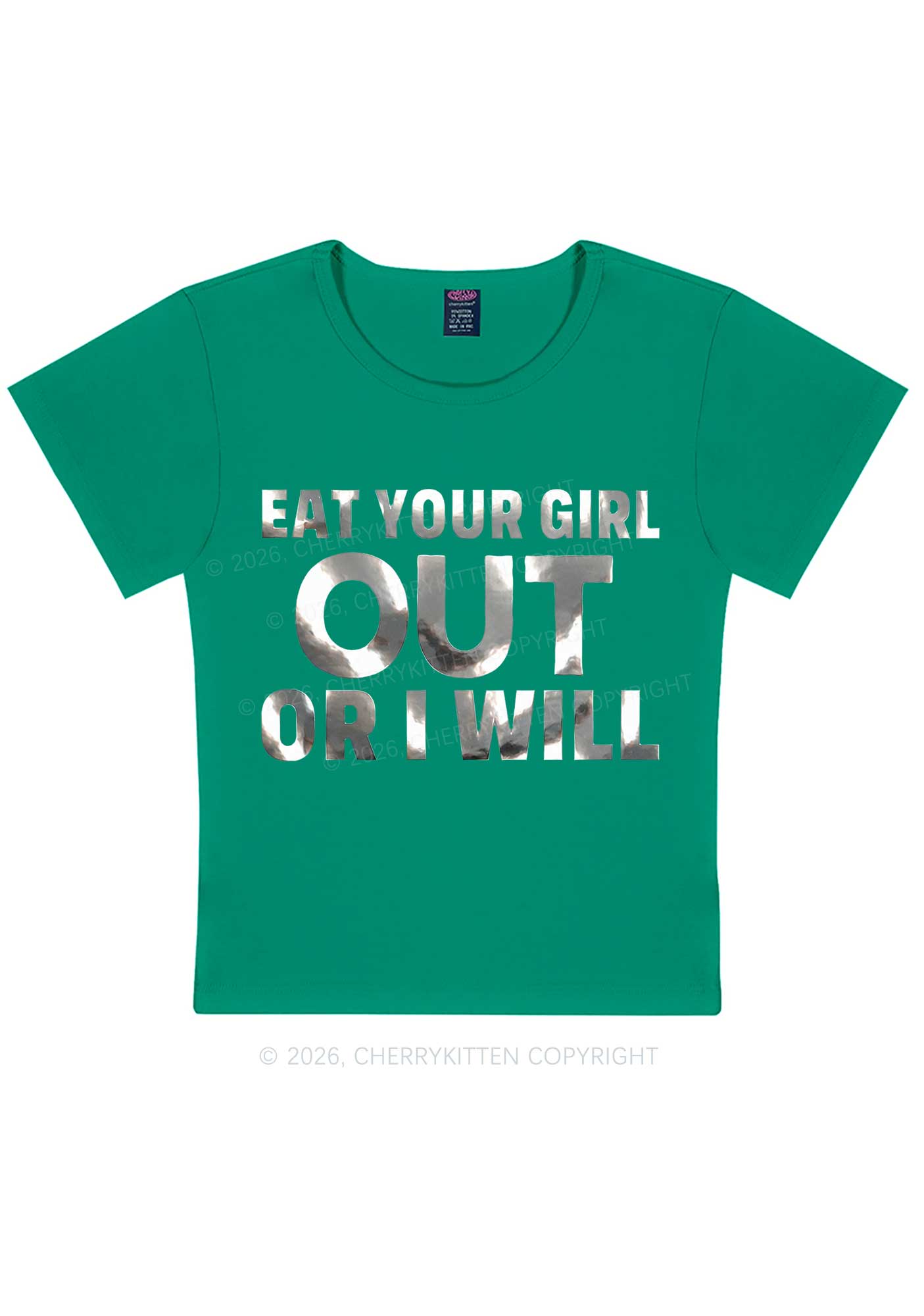 Eat Your Girl Out Silver Foil Printed Y2K Baby Tee Cherrykitten