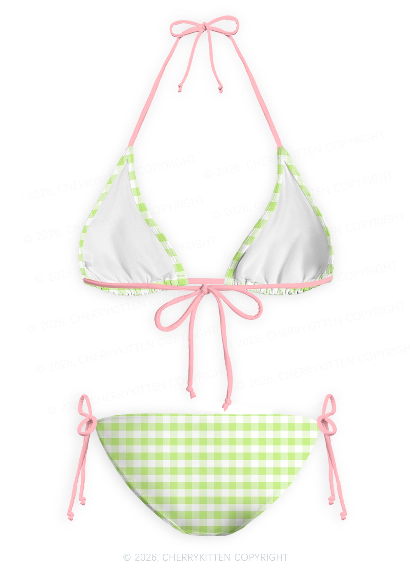 White Green Plaid Y2K Print Bikini Set Cherrykitten