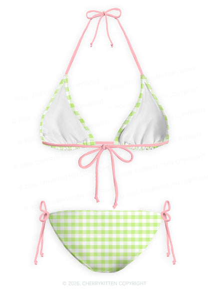 White Green Plaid Y2K Print Bikini Set Cherrykitten
