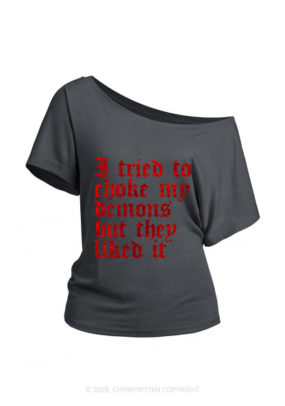 Halloween Choke Demons They Liked Y2K Off Shoulder Tee Cherrykitten
