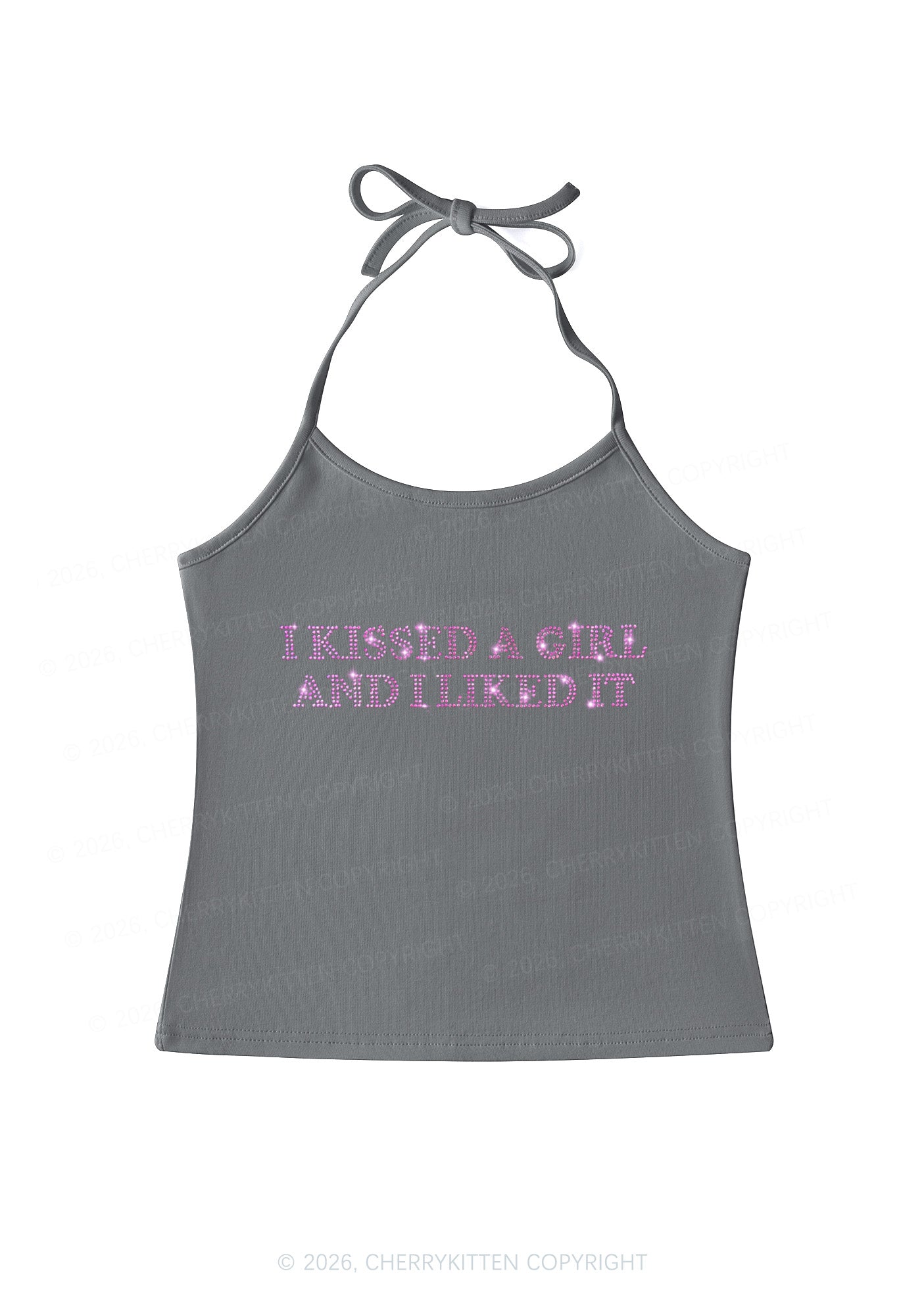 Rhinestone I Kissed A Girl Pride Y2K Halter Neck Cami Cherrykitten