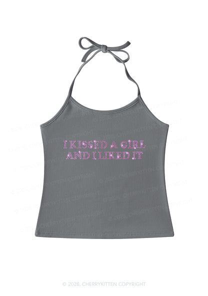Rhinestone I Kissed A Girl Pride Y2K Halter Neck Cami Cherrykitten