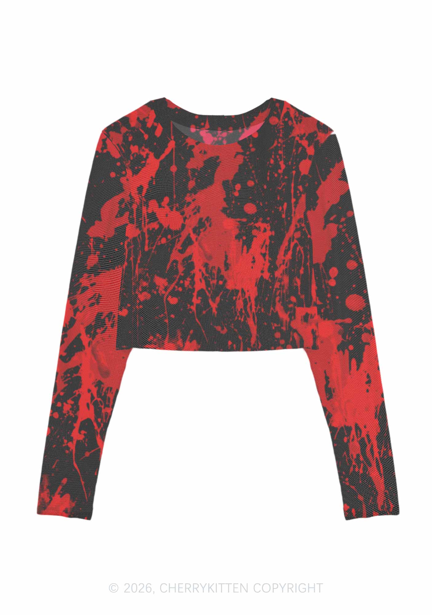 Halloween Red Blood On Black Y2K Mesh Long Sleeve Crop Top Cherrykitten