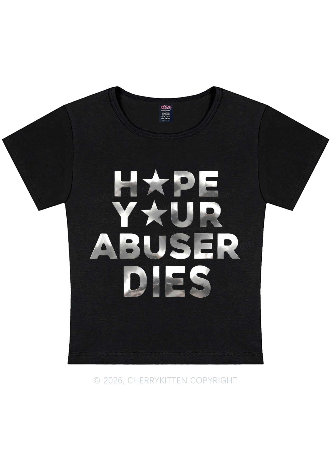 Abuser Dies Silver Foil Printed Y2K Baby Tee Cherrykitten
