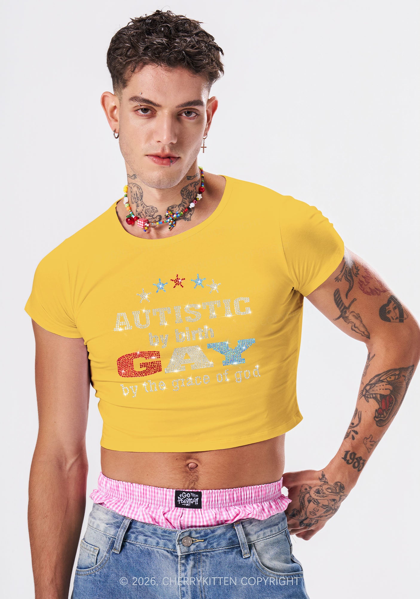 Rhinestone Autistic Gay Pride Y2K Baby Tee Cherrykitten