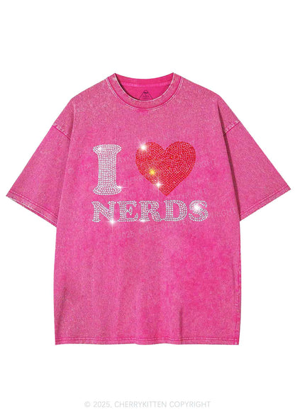 Rhinestone I Love Nerds Y2K Shirts Washed Tee Cherrykitten