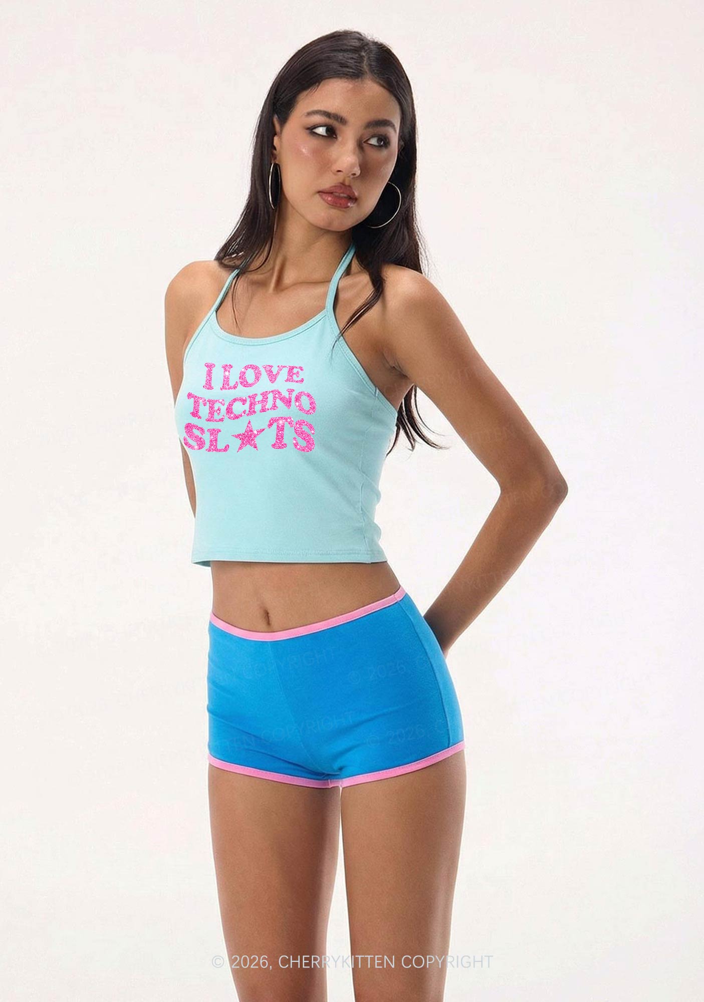 Glitter I Love Techno Slxts Y2K Halter Neck Cami Cherrykitten