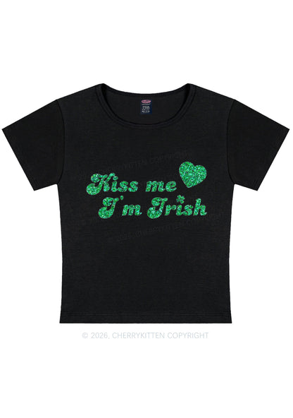 Glitter Kiss Me Im Irish St Patricks Y2K Baby Tee Cherrykitten