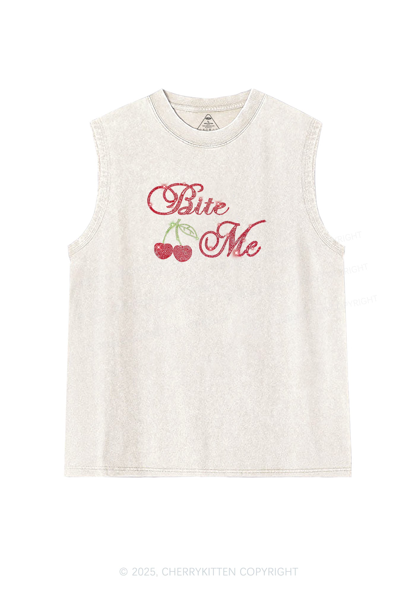 Rhinestone Red Cherry Bite Me Y2K Washed Muscle Tank Cherrykitten