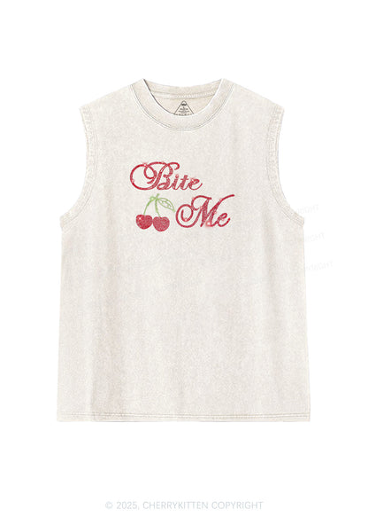 Rhinestone Red Cherry Bite Me Y2K Washed Muscle Tank Cherrykitten