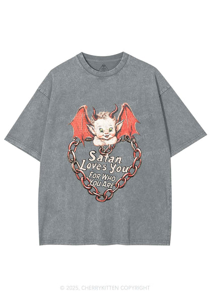 Satan Loves You Y2K Shirts Washed Tee Cherrykitten