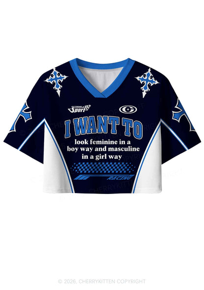 I Want To Feminine Masculine Pride Y2K Crop Sport Jersey Shirts Cherrykitten