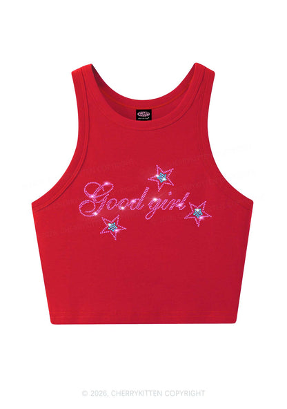 Rhinestone Good Girl Pink Star Y2K Crop Tank Top Cherrykitten