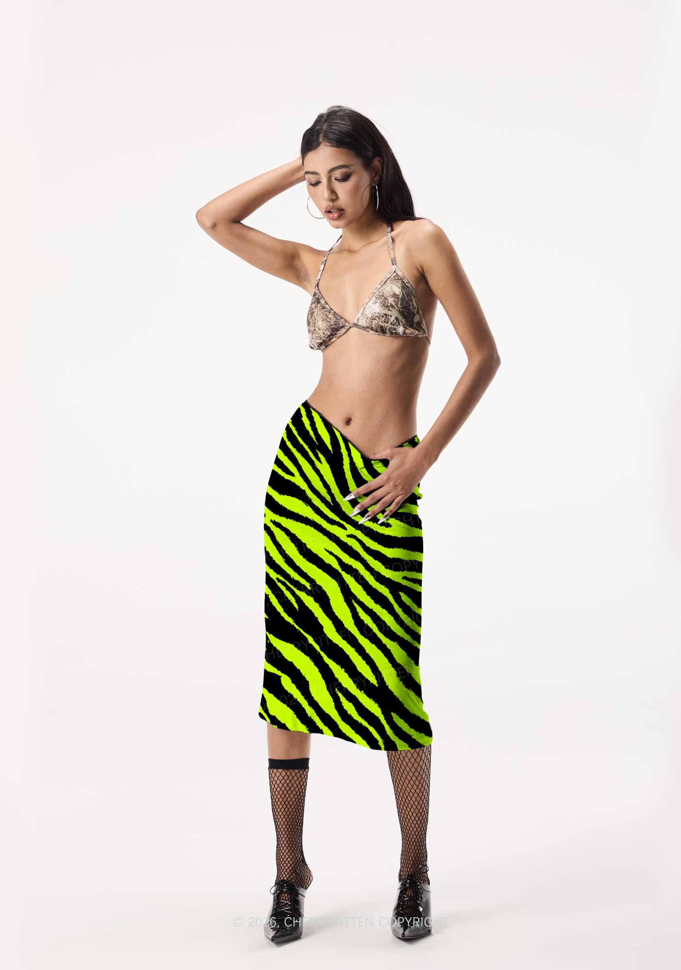 Green Zebra Y2K Print Midi Skirt Cherrykitten