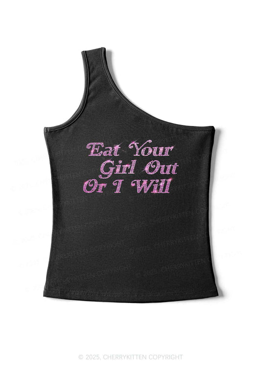 Rhinestone Eat Your Girl Out Y2K One Shoulder Tank Top Cherrykitten