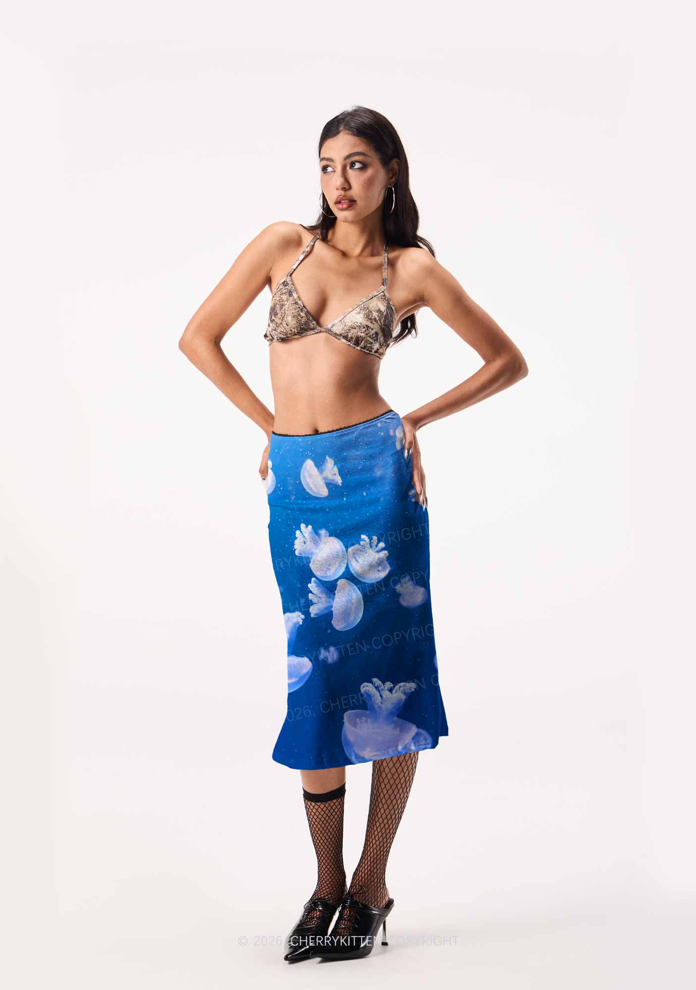 Deep Sea White Jellyfish Y2K Print Midi Skirt Cherrykitten