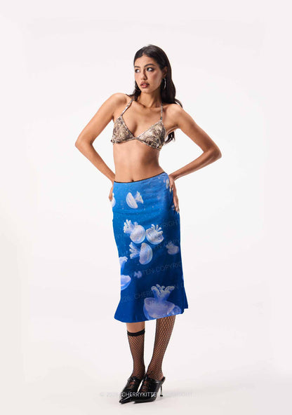 Deep Sea White Jellyfish Y2K Print Midi Skirt Cherrykitten
