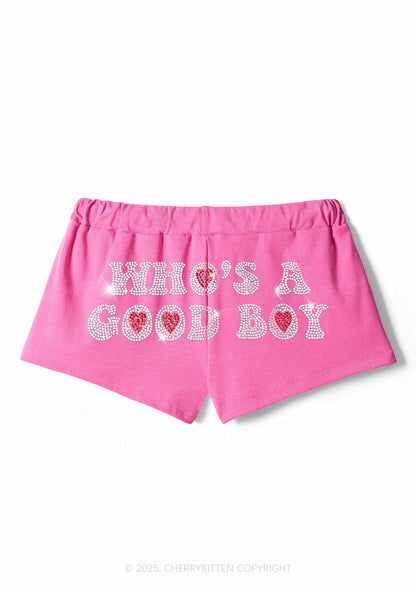 Rhinestone Whos A Good Boy Y2K Drawstring Mini Shorts Cherrykitten