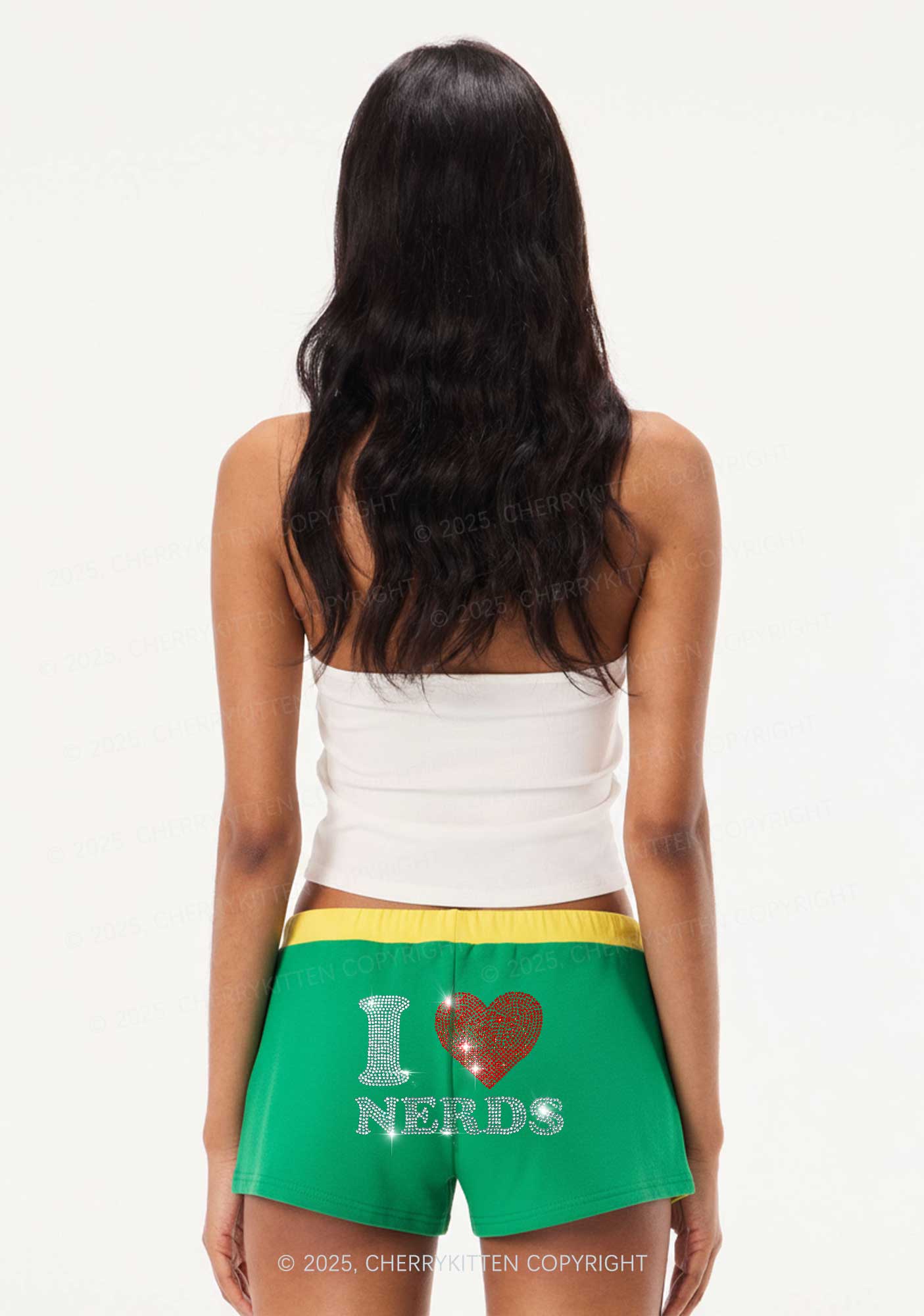 Rhinestone I Love Nerds Y2K Drawstring Mini Shorts Cherrykitten