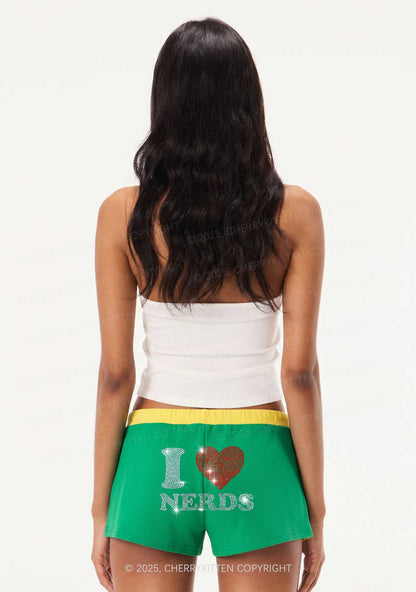 Rhinestone I Love Nerds Y2K Drawstring Mini Shorts Cherrykitten