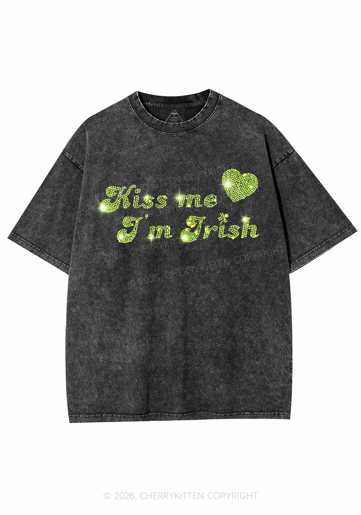 Rhinestone Kiss Me St Patricks Y2K Shirts Washed Tee Cherrykitten