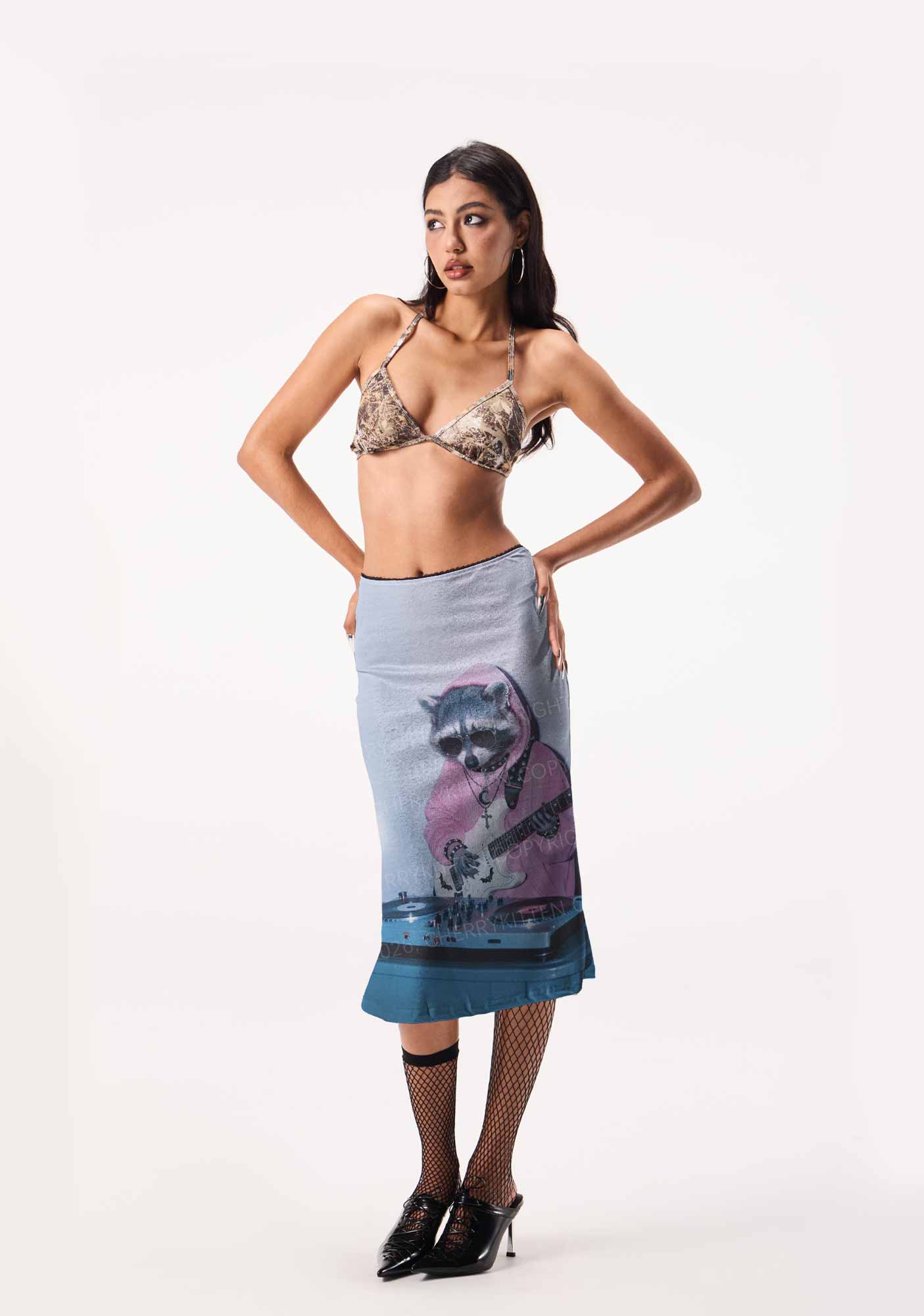 Pink Hoodie Raccoon DJ Y2K Print Midi Skirt Cherrykitten